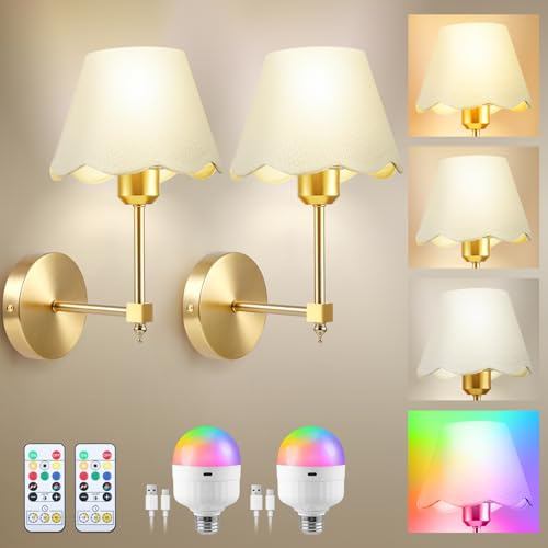 Gxpjycfob Battery Operated Wall Lights Set of 2, Rechargeable Wall Lamps with Remote Control, 5000mAh Battery Dimmable Detachable Bulbs, Wireless Wall Sconces for Bedroom Living Room Hallway (Gold)