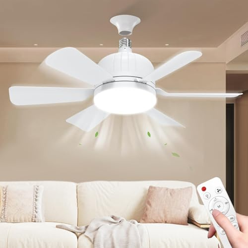OUWEWIN Ceiling Fans with Lights and Remote, 46cm Ceiling Fan Light Bulb Screw Fitting with 6 Blade, 3 Speed Timing, E27 Ceilings Lamp Fan for Bedroom, Living Room, Kitchen