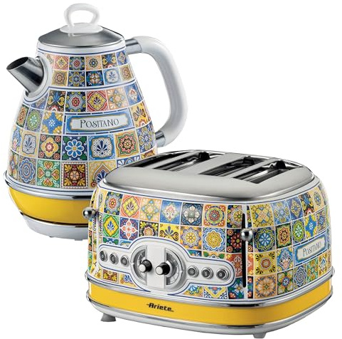 Ariete Positano Jug Kettle & 4-Slice Toaster Set, Italian Tile Design, Vintage-Inspired Breakfast Set | 6 Browning Levels, Defrost & Reheat, Removable Crumb Tray, 1.7L Kettle with 360° Base, Water Level Indicator