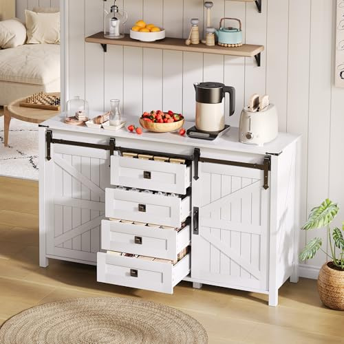 Enfilade Vintage Armoire d’appoint avec Portes coulissantes 4 tiroirs Armoires d’Angle pour Salle à Manger Cuisine Salon armoires de Rangement Buffet Blanche 137x40x81 cm