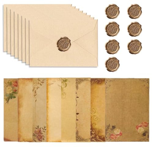 Briefpapier mit Umschlag Set, Set Vintage Schreiben mit 8 Vintage-papier Briefumschläge, 8 Kraftpapier Briefpapier und 8 Wachssiegel Aufkleber, für Einladung Liebesbrief, Love Letter, Geburtstag