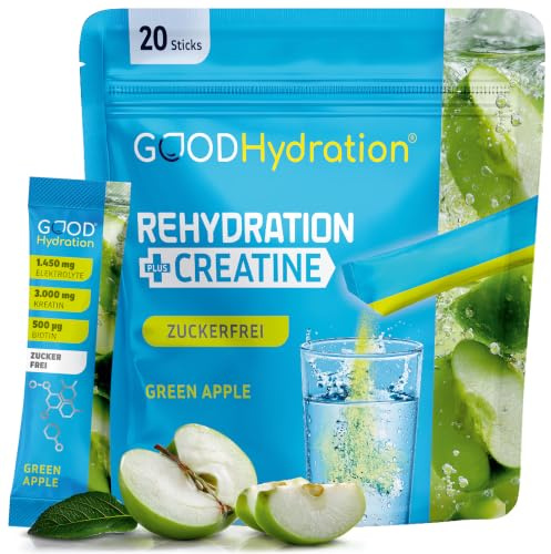 GOOD Hydration® Elektrolyte Sport + KREATIN, zuckerfrei, Grüner Apfel | 1450mg Elektrolyt Pulver plus Creatine Monohydrat, OHNE ZUCKER, Elektrolytausgleich Sport & Schwitzen, 20 Hydration Sticks