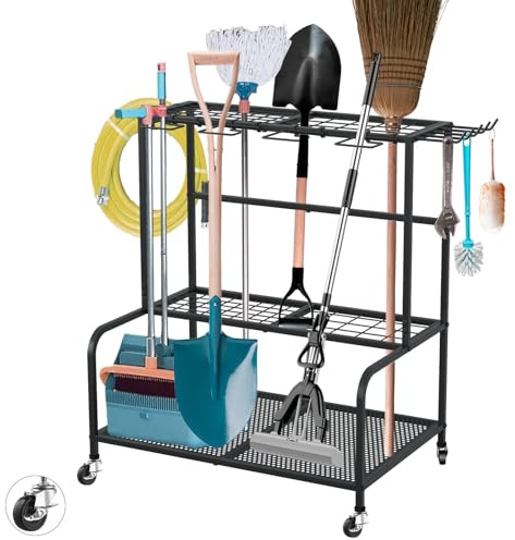 Tasofac Gartengeräte Ständer 61X41X66cm Gerätehalter Organizer mit 78 Ablagefächern Gerätehalter Organizer Schwenkbaren für Gartengeräte mit Haken und Rädern Gartenwerkzeug Halter Besenhalter