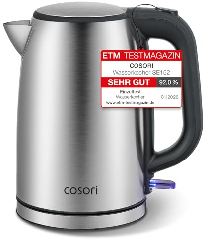 COSORI Wasserkocher Edelstahl, BPA frei, 1,7 L, Strix-Technologie, kocht in 3 Minuten, 2200W, Große Öffnung, Trockengehschutz, 360° drehbarer Sockel, Silber-schwarz