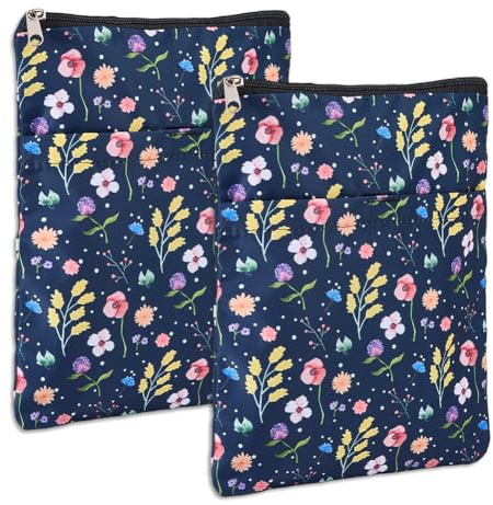 SUPERFINDINGS 2 Stück Buchhülle Blumen Buchhüllen Mit Reißverschluss Und Vordertasche Blauer Gepolsterter Schutz 28x22cm Buchhüllen Etui Waschbar Blumen Druck Geschenktasche Für Frauen Leser