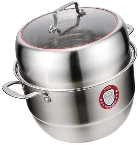LAOTESI 2-Tier Stainless Steel Steamer Pot with Glass Lid, Stackable Food Steamer with Double Grates, Induction Compatible, Dishwasher Safe, Triple-Layer Base for Healthy Cooking LTS-05082 (36cm)