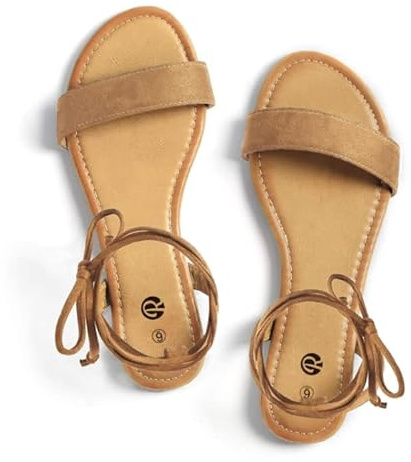Rekayla Brown Sandals Open Toe Tie Up Ankle Wrap Flat Sandals for Women Comfortable Casual Dressy Summer Shoes Suede Strappy Sandal, Size 6