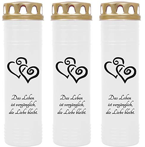 HS Candle Grabkerze - 3er Pack - (Weiß) Grablicht ca. 7 Tage Brenndauer je Kerze - Motiv: Herz