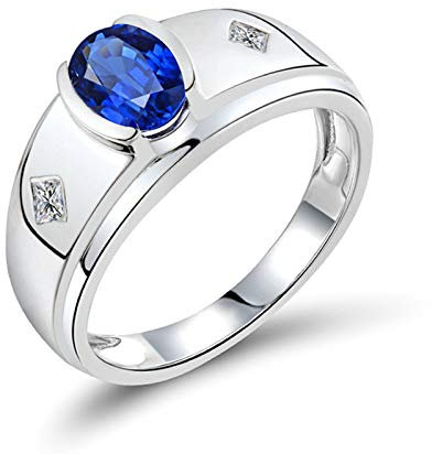 Bishilin Herren Ring Weißgold 750 Echt, Bandring mit Oval Saphir 1.5ct Verlobungsringe Hochzeitsring Diamant Große 61 (19.4)
