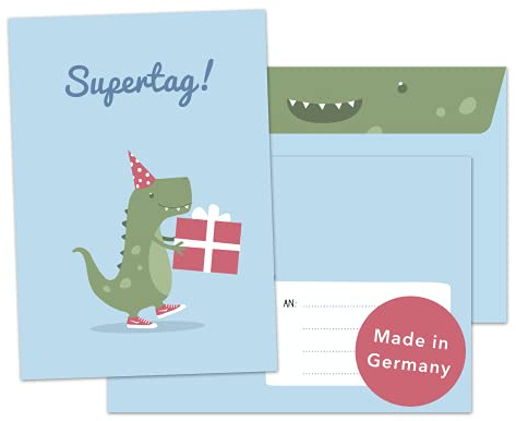 Decento® Einladung Geburtstag Dino - 8 Karten mit Umschlag für Jungen - Kindergeburtstag Dinosaurier T-Rex Party - Einladungskarten für Kinder zum Ausfüllen und Beschriften