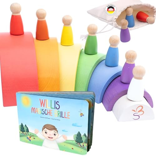SCHMETTERLINE® Montessori Holz-Regenbogen aus Buchenholz mit Figuren & Buch – pädagogisch wertvolles Lernspielzeug für Kinder ab 3 Jahren