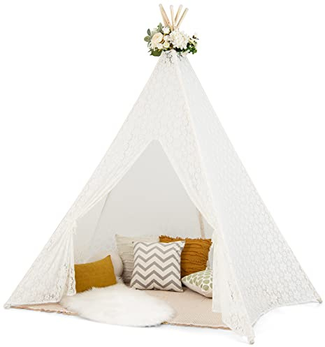 Costzon Teepee Tent for Adults, 85 H Large Outdoor Tipi Tent with Colorful Star String Lights, Play Tent Ideal for Party, Picnic, Wedding (Full Lace)