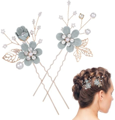 Horquillas Pelo Mujer Boda, Tocados Novia Flores Accesorios Fiesta 2 Pares | Verde, Adornos Hechos A Mano En Forma De U. Diseño Elegante Y Ligero Para Peinados De Novias, Damas De Invitadas