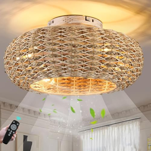 Lampe Mit Ventilator Leise Deckenventilator mit Beleuchtung und Fernbedienung E27 Retro Ventilator Deckenleuchte Vintage Rattan Bambus Fan Deckenlampe für Schlafzimmer Restaurant, 6-Gang Reversibler