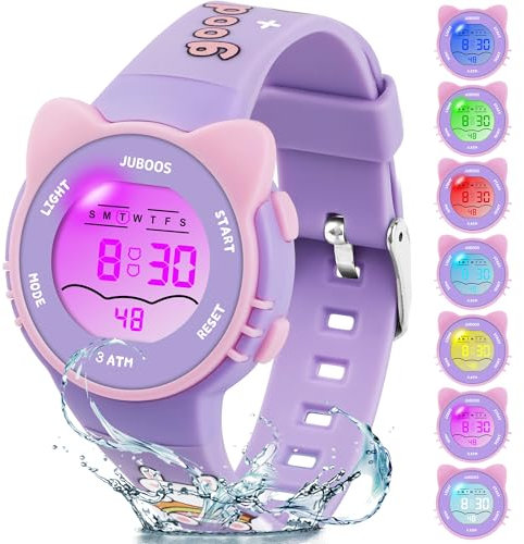 Juboos Orologio Bambina,con Cinturino Stampato e 7 Luci Colorate,Orologio Digitale Impermeabile per Bambini con Orecchie da Gatto per Ragazzo e Ragazza da 4 a 12 Anni
