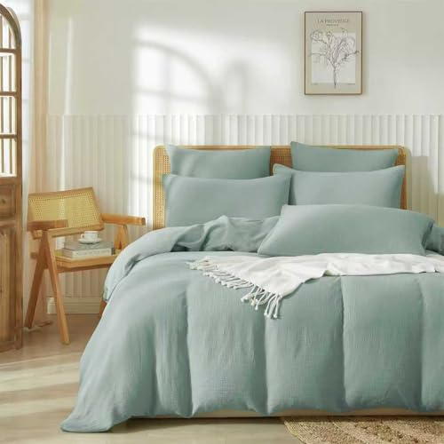 Boqingzhu Muslin Bettwäsche 220×240 cm Baumwolle Mint Grün Sommerbettwäsche Weich Kühlend Atmungsaktiv Sommer Bettbezug Doppelbett und Kissenbezug mit Reißverschluss
