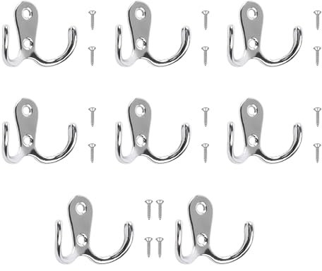 8 Pcs Double Prong Robe Hooks, Dual Coat Hooks Wall Mounted Hanging Clothes for Bedroom Bathroom Door Wall Retro Metal Cloth Hanger Double Coat Hooks with 16 Screws
