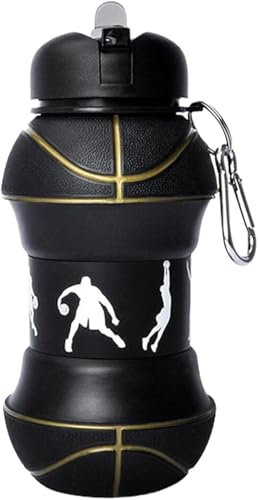 YverLand Bouteille d'eau pliable pour garçons et filles sans BPA - Gourde de camping pour enfants - Personnalisable avec votre sport - Ballon d'eau compact pour cadeau original (Basquet noir)