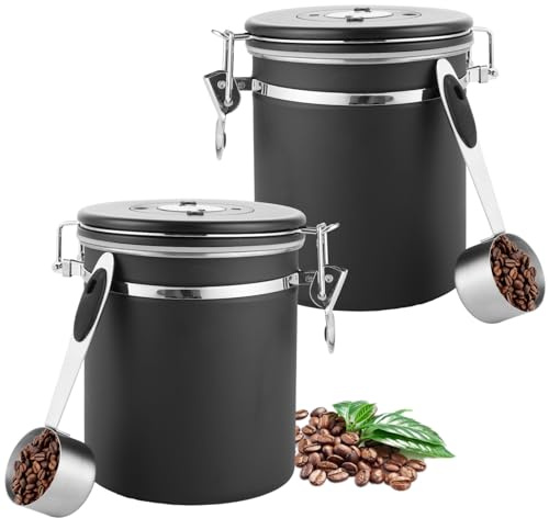 LDXDRU 2er Kaffeedose Luftdicht aus Edelstahl, 1,5L KaffeebohnenbehäLter Mit EdelstahllöFfel Und Zeiterfassungsaufbewahrung, für Tee NüSse Kakao LäNger Und Frisch Bleiben mit Auslassventil (Schwarz)