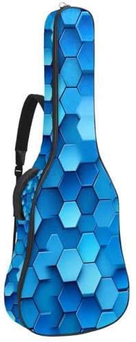 Gitarrentasche, 104 cm, doppelt verstellbarer Schultergurt, Akustikgitarre, Gigbag, sechseckige geometrische Textur, blau, 28 Gitarrenkoffer, wasserdichtes Oxford-Gewebe, dicker Schwamm, Sechseckige