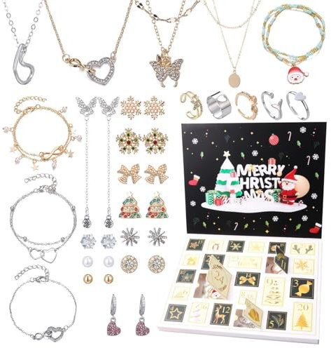 Schmuck-Adventskalender – 2024 Damen-Countdown-Kalender, Adventskalender 2024 mit Weihnachtsringen, Ohrring-Halskette, Weihnachts-Countdown, 24 Tage für Weihnachten, festliche Geschenke