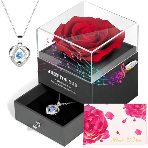 ADDWel Regalos Originales para Mujer Día de la Madre y el Sant Jordi, Rosa Eterna Natural Preservada con Collar en Caja de Música, Regalo Romántico para Novia, Esposa o Mamá Cumpleaños o Aniversario