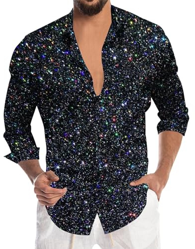 RUMAOZIA Chemise à paillettes pour homme Carnaval Chemise en flanelle pour homme Festive Large avec imprimé brillant et revers Vêtements de fête à la mode Chemises de loisirs lumineuses Tissu