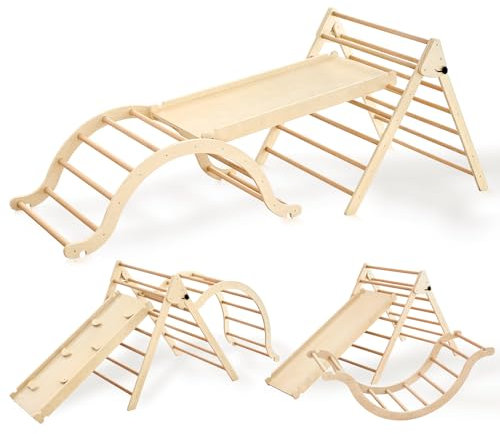 Giant bean 5-in-1 Montessori Kletterdreieck mit Kletterbogen und Rutsche, Holzdreieck für Kleinkinder ab 2-7, Indoor Kletterspielzeug, Hellbraun,L