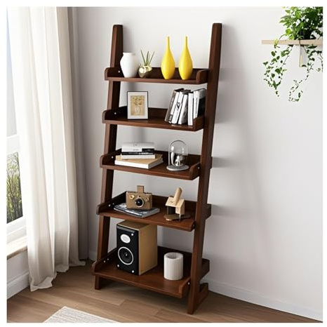 BFECGDXT Ladder Shelf Bookcase, 5 Tier Walnut Wooden Ladder Bookshelf, Space-Saving Freestanding Storage Rack for Living Room, Home Office and Bedroom, 55.1 H