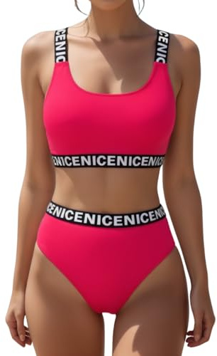 OcenaSun10 Juvenil Bikini Juvenil de Niña/Adolescente con Top Deportivo, Copas Extraíbles y Braguita de Tiro Alto, Rosa, Talla 38