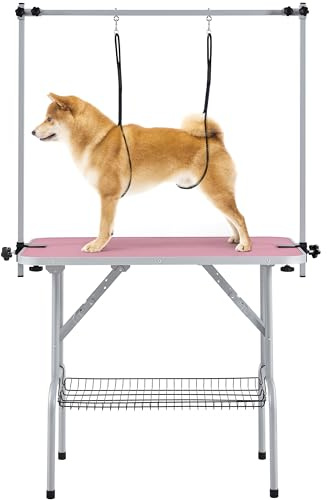 costoffs 91cm Foldable Pet Grooming Table Adjustable with Basket, Pink