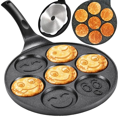 Generisch Pfanne für Pancakes & Spiegeleier – 7er Smileys Form Ø 26,5 cm | Antihaft-Marmor-Beschichtung, Induktion & Gas geeignet | Aluminium Bratpfanne für Mini Pfannkuchen & Eier