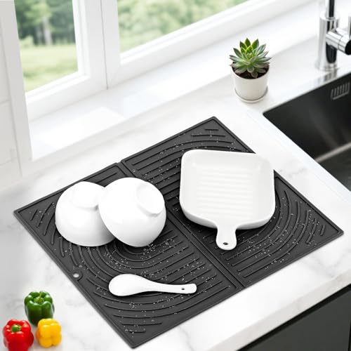 Tapis Égouttoir Vaisselle Silicone, Tapis Vaisselle Absorbant pour Cuisine, Tapis de Séchage Pliable, Tapis Evier Antidérapant, Séchage Rapide, Résistant à la Chaleur, 43×34 cm (Noir)