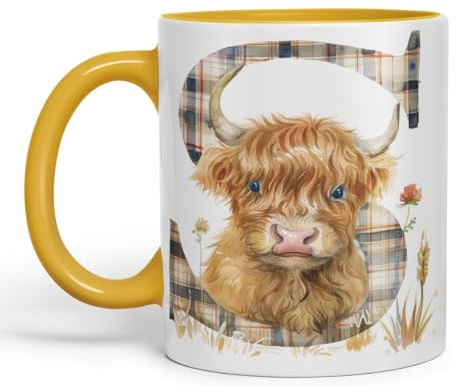 Vixar Highland Cow Alphabet Monogram Coloured Ceramic Cup Mug – Letter S – Rustic Farmhouse Animal Letter Gift – 11oz (Gold Yellow)