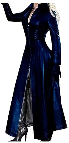 Läderkappa dam trenchcoat dam lång M-4XL, elegant slim fit PU-läderkappa lång jacka dam konstläderjacka med dragkedja Läderjacka Konstläder(Dark blue,S)