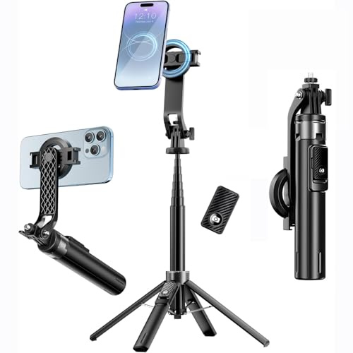 Mini Magnetic Selfie Stick, 3-in-1 Magsafe Foldable Phone Stand Holder, with Wireless Remote & Removable Phone Clip,53 Extendable iPhone Tripod for Vlogging&Live Streaming