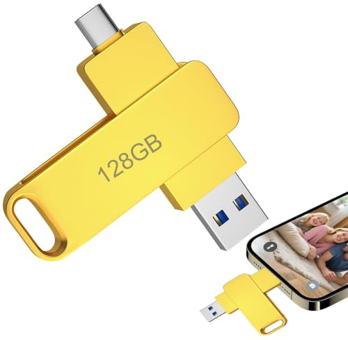 Memoria USB de 128 GB, reversible USB C & USB A, memoria USB para teléfono móvil, transferencia rápida de 200 MB/s, cuerpo de aleación de aluminio, compatible con iPhone y smartphones, color dorado