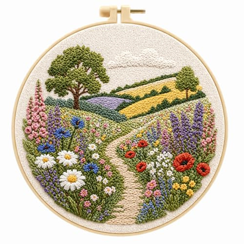 CAYLEKI Flower Meadow Embroidery Kit, Pre-Printed Fabric, 25 x 25 cm | Water-soluble printed fabric, bamboo hoop, threads, needles, scissors and guide, for beginners, DIY craft and wall display