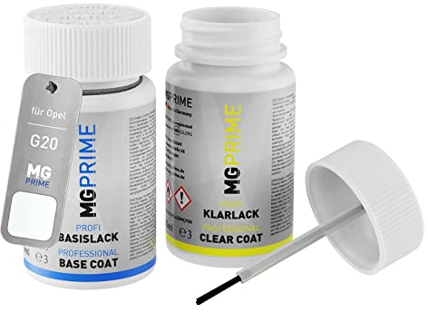 MG PRIME Autolack Lackstift für Opel G20 / EWP Jadeweiss/Arktis Weiss +1K | Set aus Basislack + Klarlack, Lackfläschchen mit Pinsel, je 50ml