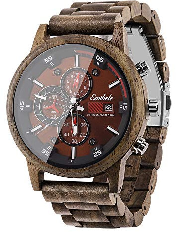 Emibele Montre en Bois pour Homme, Montre de Mode à Quartz, Chronographe avec Affichage de la Date, Montre Lumineuse Légère Faite à la Main, avec 3 Cadrans - Noyau