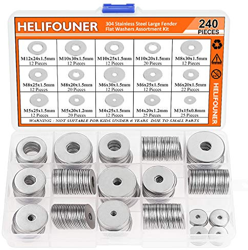 HELIFOUNER 240 Pieces 15 Sizes 304 Stainless Steel Large Fender Washer Assortment Kit (M3 M4 M5 M6 M8 M10 M12)