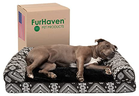 Furhaven Hundsäng för husdjur – ortopedisk plysch Kilim sydväst heminredning traditionell soffa stil vardagsrum bäddsoffa med avtagbart skydd för hundar och katter, svart medaljong, stor