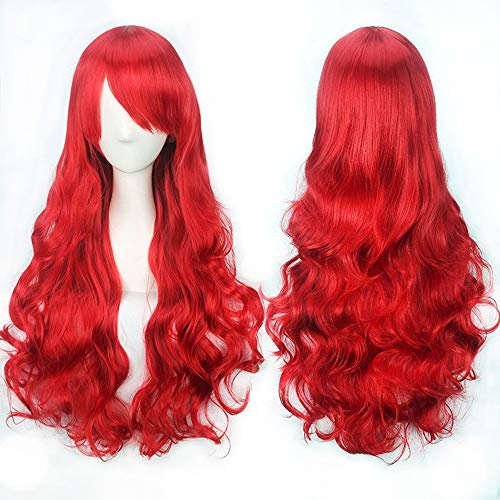 Colorfulpanda lange gewellte cosplay Rot perücke für frauen volles haar mit pony lange lockige synthetische perücke für mädchen anime Cosplay Halloween kostüm party Perücke,80cm