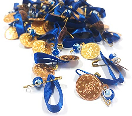 Perlin 100 Stück, Nazar Boncuk, Blaues Auge, Evil Eye mit emaillierte Metall Münzperlen Tugra, Sicherheitsnadel und Kordel, Böser Blick Glücksbringer zum Verschenken Hochzeit (Blau)