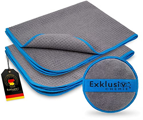 Exklusiv Chemie® 2X Bayeta Q5 320 GSM + Esponja para pulir a mano | Limpieza de parabrisas sin manchas | Paño de microfibra para vidrio | Absorbente y sin pelusas | 50 x 40 cm