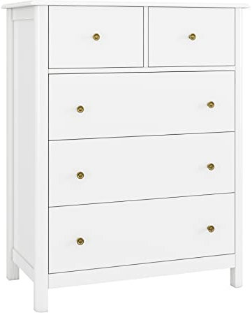 HOCSOK Comò Bianco con 5 Cassetti, Cassettiera a Gambe Rotonde, Comodino con Cassetti, adatto per Soggiorno, Camera da Letto, 74 x 40 x 94 cm