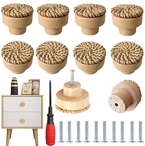 HY HUIJUN Rattan Möbelknöpfe, 10 Stück Runde Holz Knöpfe, Handgefertigt Schrankgriffe für Kommode,Schubladen, Küche,Küchenschränke mit Schraubendreher