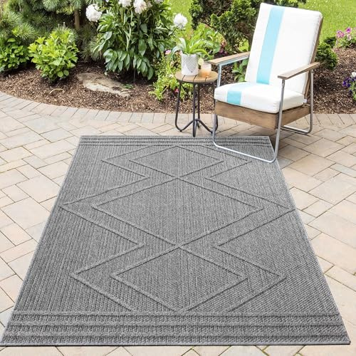 HomebyHome In & Outdoor Bouclé Teppich wetterfest Grau 160x230 cm Skandinavische Boho Design 3D Hoch Tief Effekt für Balkon Garten oder Wohnzimmer