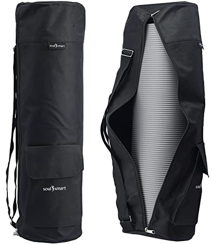 TJC Portable Yoga Mat Bag with Storage Pockets and Adjustable Shoulder Strap Yoga Mat Carry Luggage Bag Made of 100% Polyester Durable Lightweight Side Washable Travel Size 70x20x1 Cm - Black