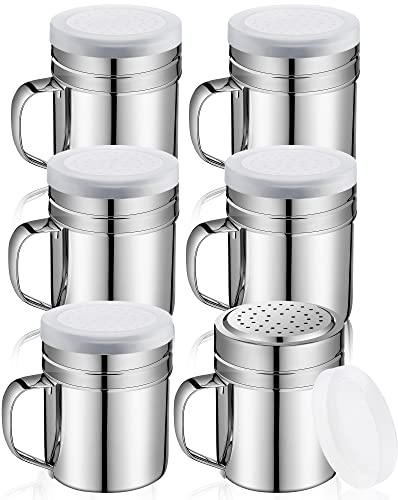 Lallisa 6 Pcs 10oz Stainless Steel Salt and Pepper Shakers with Lid and Handle Dredge Spice Seasoning Condiment Popcorn Salt Shaker Powder Sugar Flour for Cooking Kitchen Baking